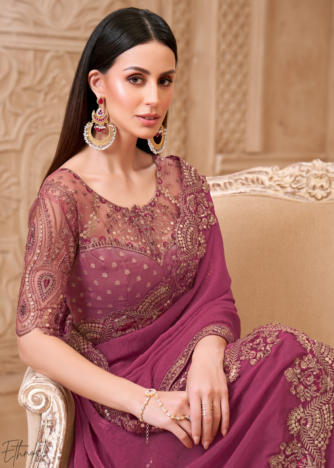 Mauve Orchid Classic Border Satin Georgette Saree