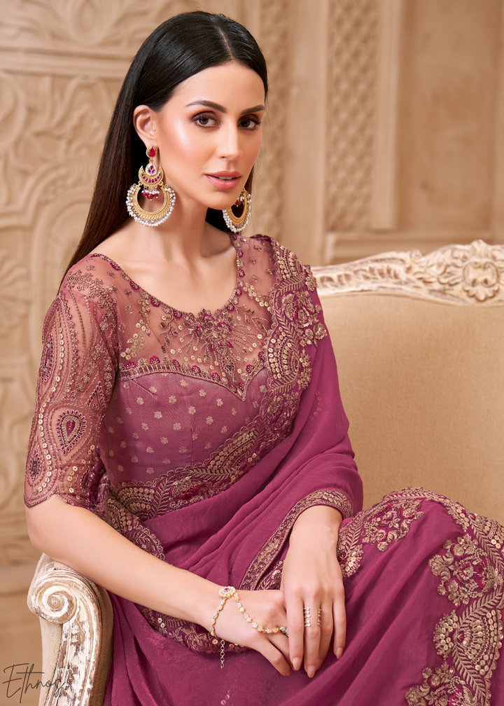Mauve Orchid Classic Border Satin Georgette Saree