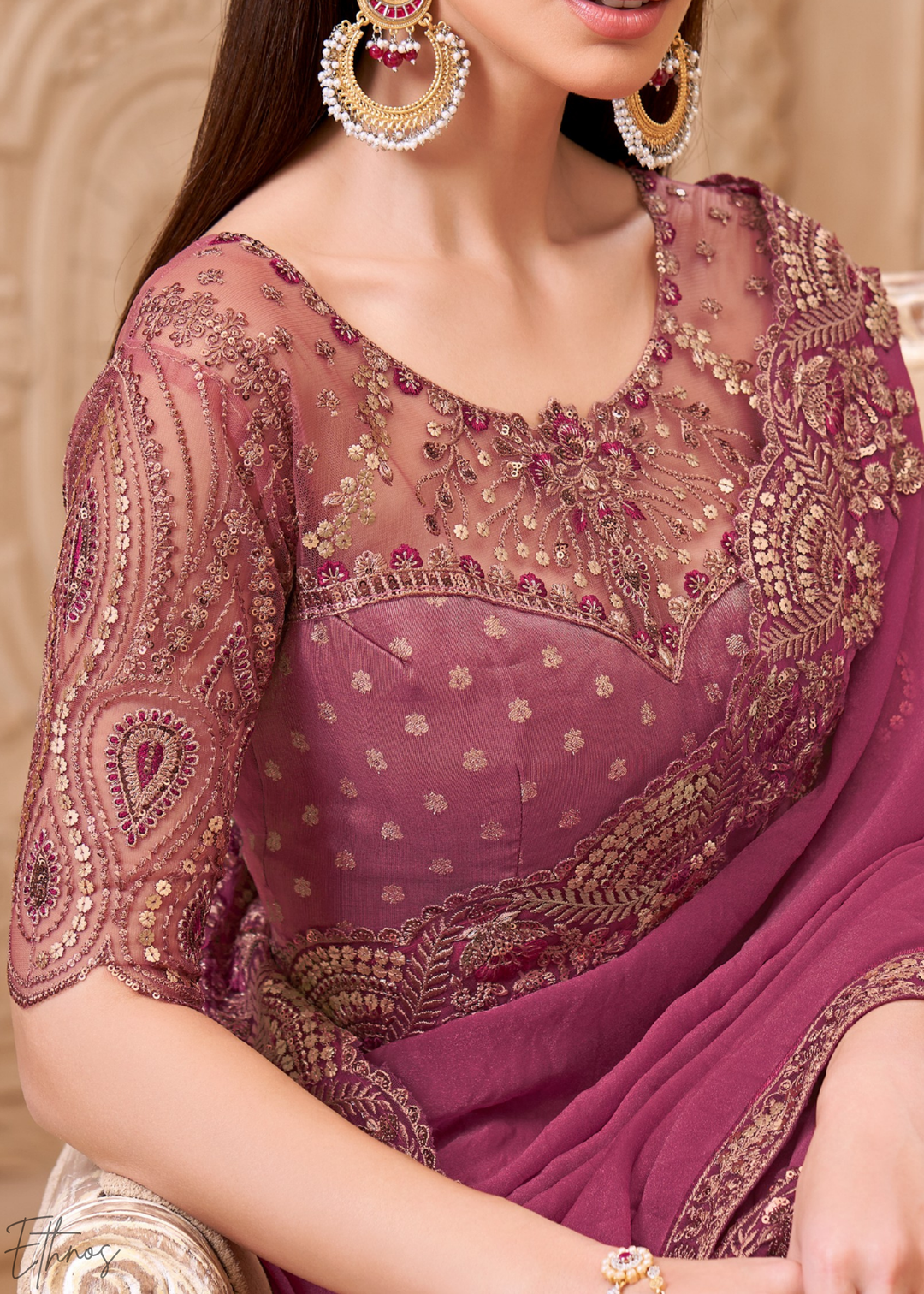 Mauve Orchid Classic Border Satin Georgette Saree