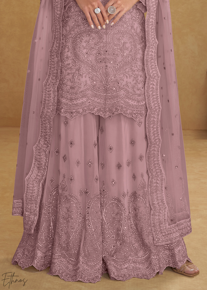 Mauve Orchid Floral Embroidered Net Sharara Suit