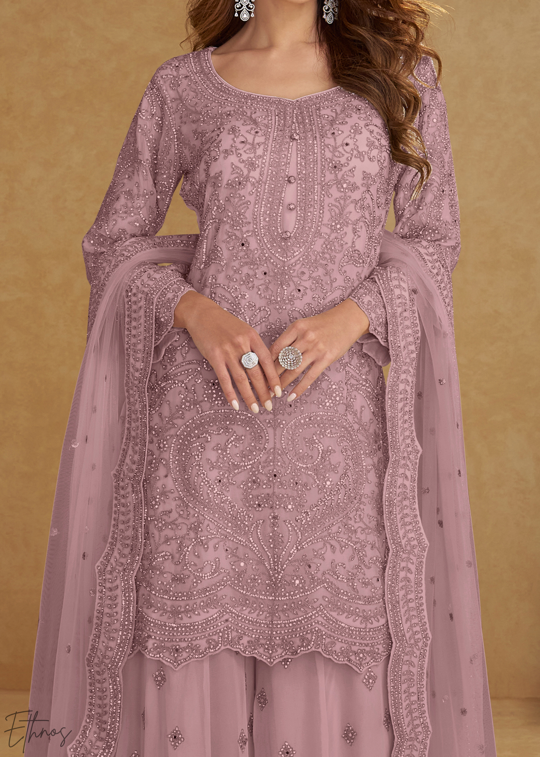 Mauve Orchid Floral Embroidered Net Sharara Suit