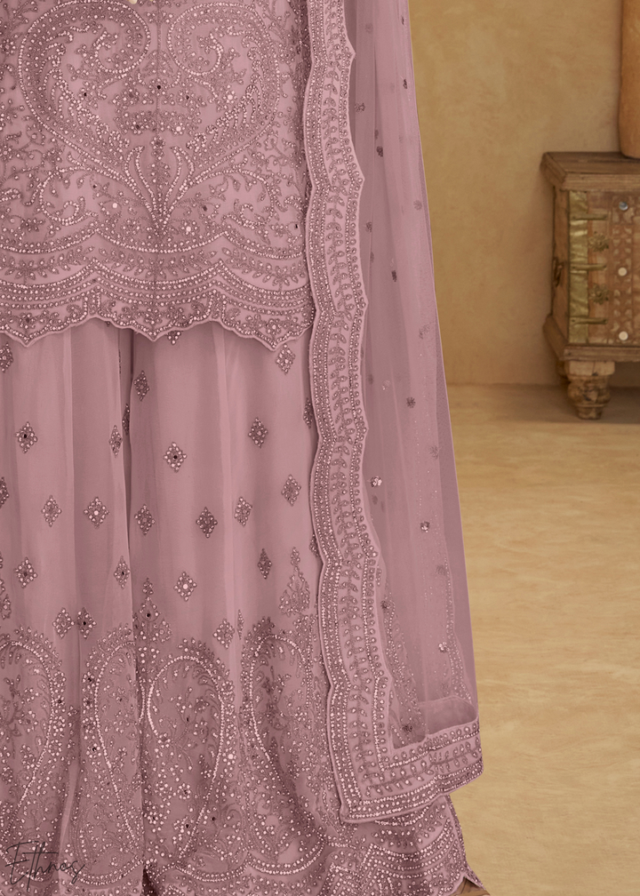 Mauve Orchid Floral Embroidered Net Sharara Suit