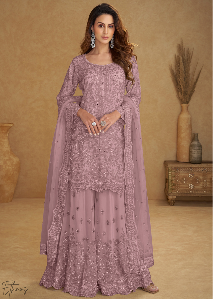 Mauve Orchid Floral Embroidered Net Sharara Suit
