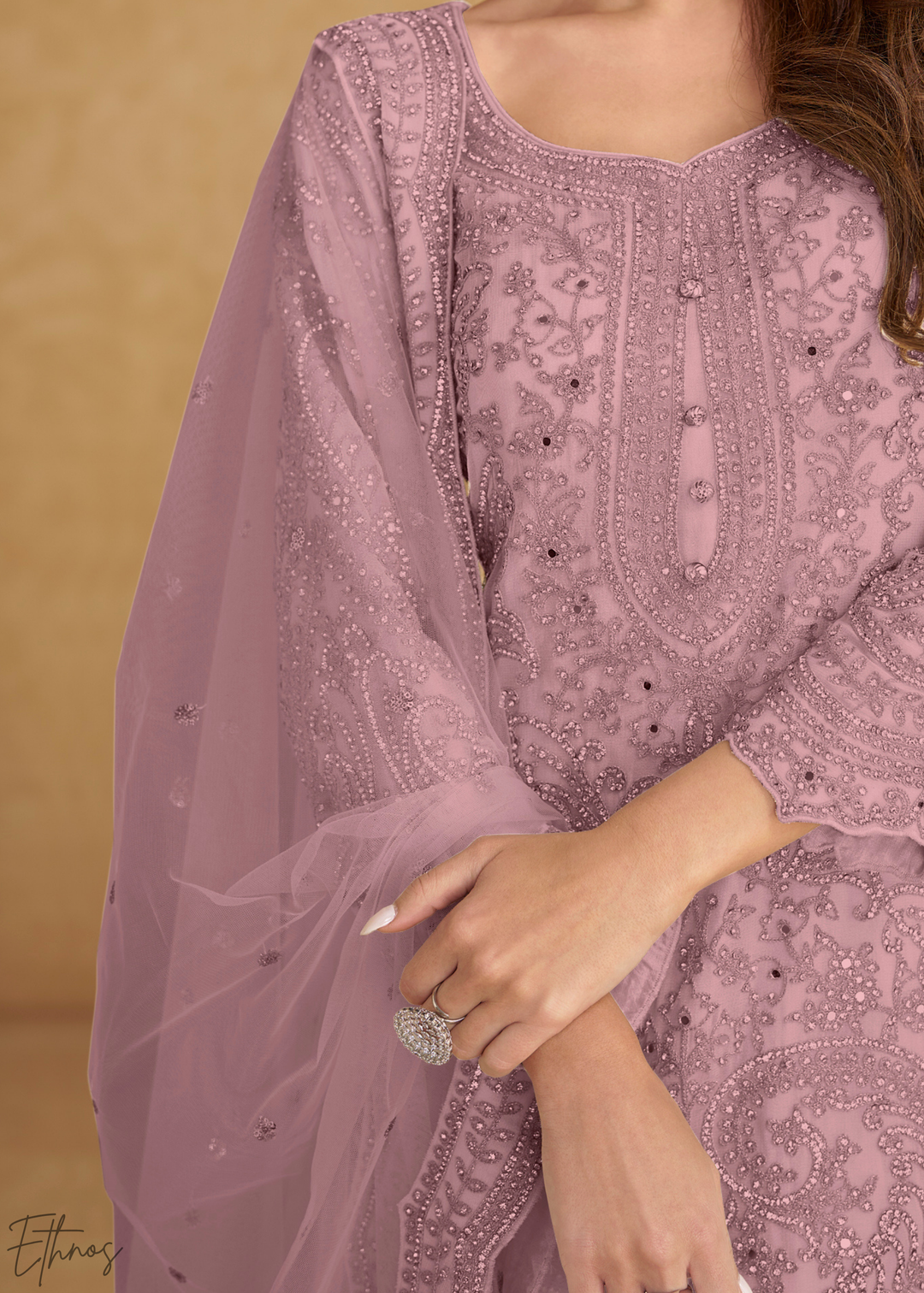 Mauve Orchid Floral Embroidered Net Sharara Suit