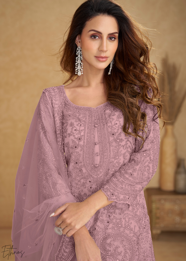 Mauve Orchid Floral Embroidered Net Sharara Suit