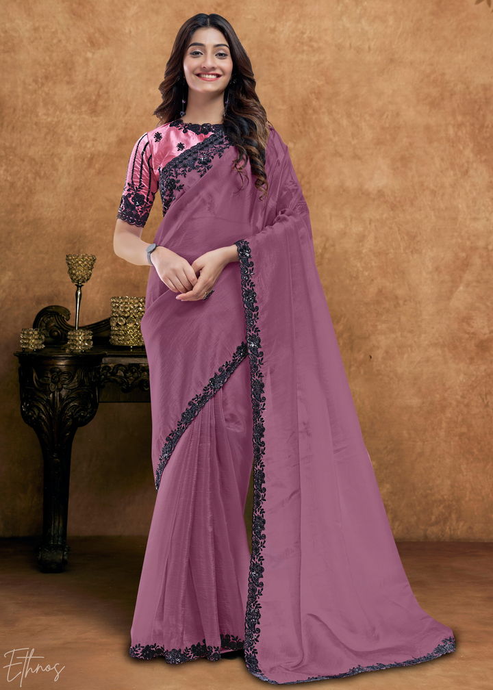Mauve Orchid Sequin Embroidered Organza Satin Saree