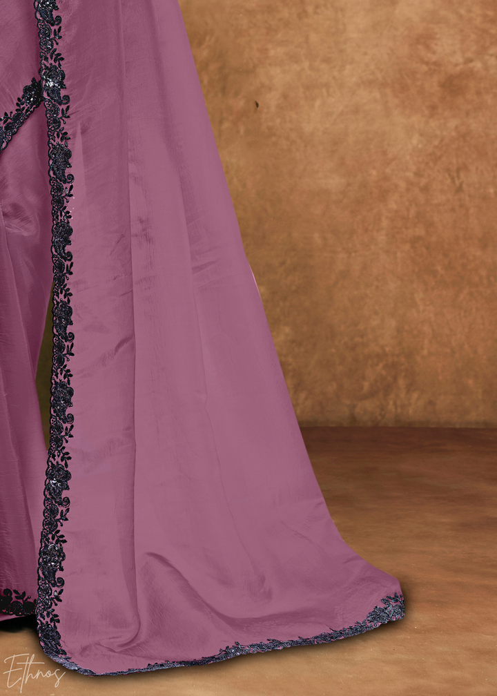 Mauve Orchid Sequin Embroidered Organza Satin Saree