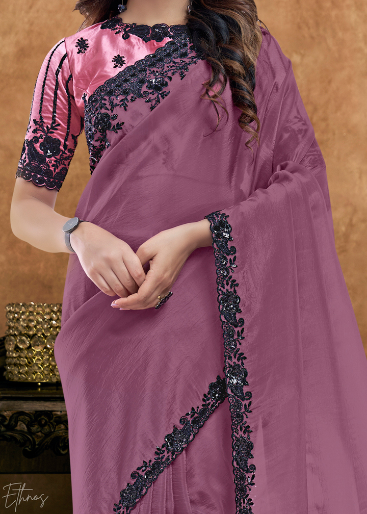 Mauve Orchid Sequin Embroidered Organza Satin Saree