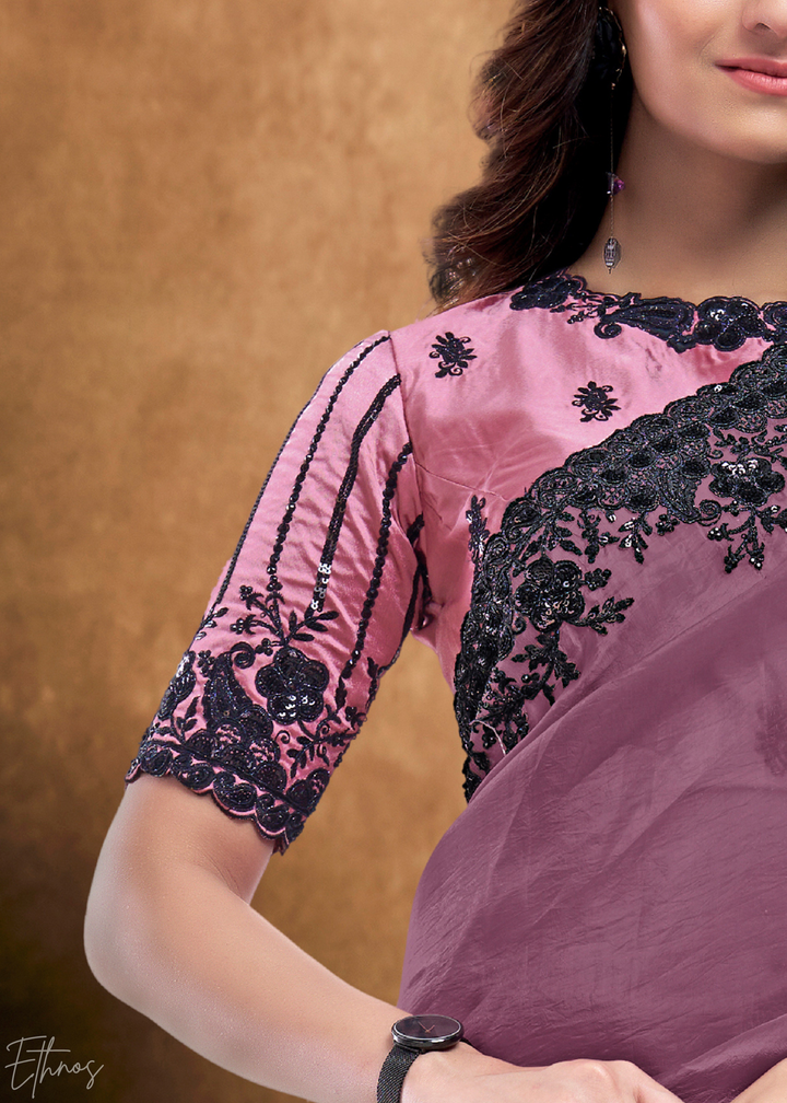 Mauve Orchid Sequin Embroidered Organza Satin Saree