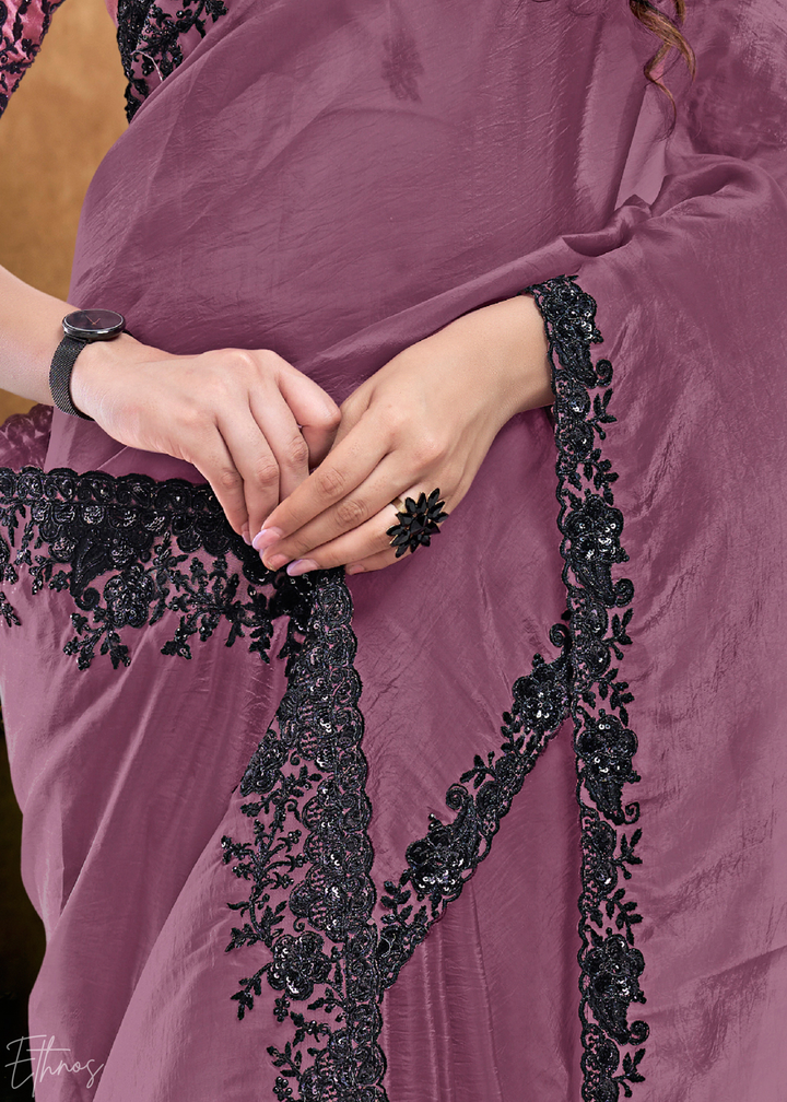 Mauve Orchid Sequin Embroidered Organza Satin Saree