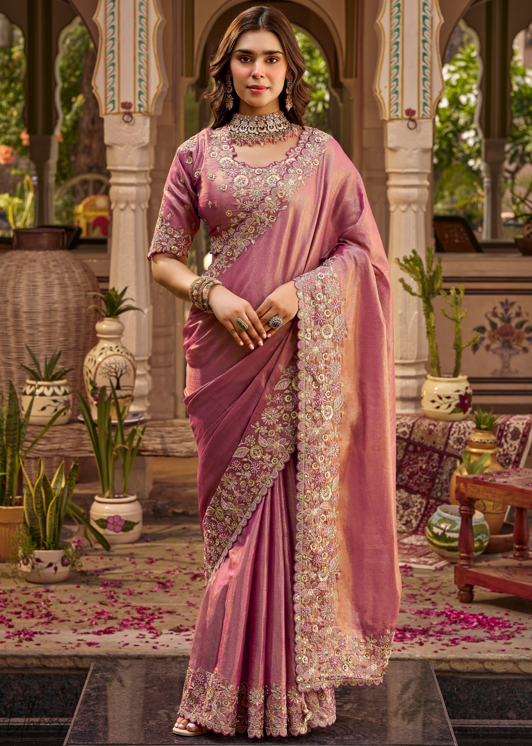 Mauve Pink Scallop Border Embroidered Silk Saree