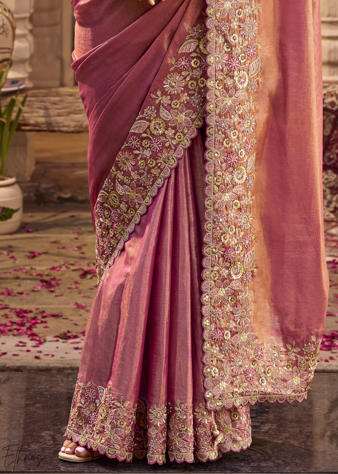 Mauve Pink Scallop Border Embroidered Silk Saree