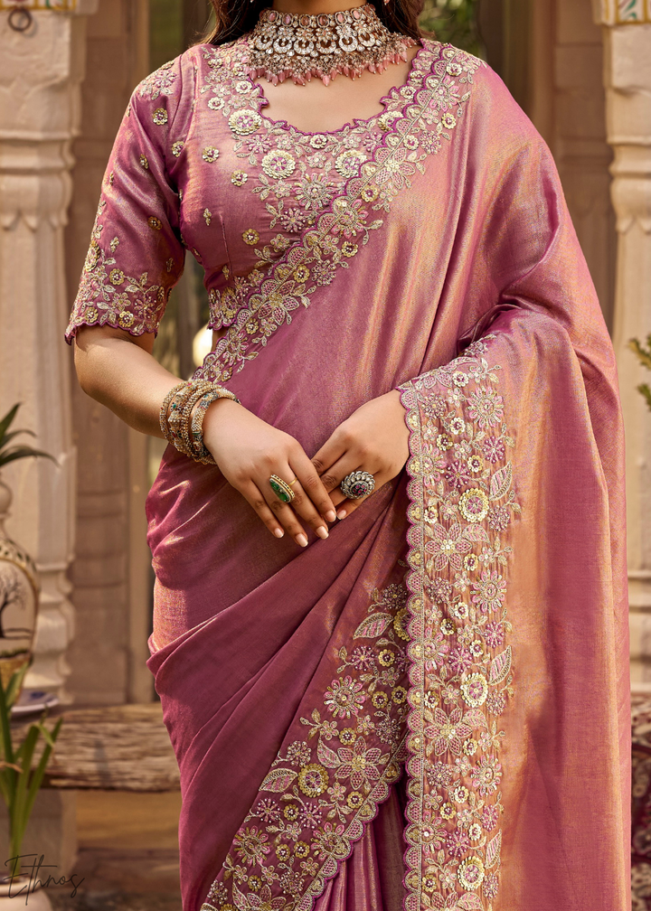 Mauve Pink Scallop Border Embroidered Silk Saree