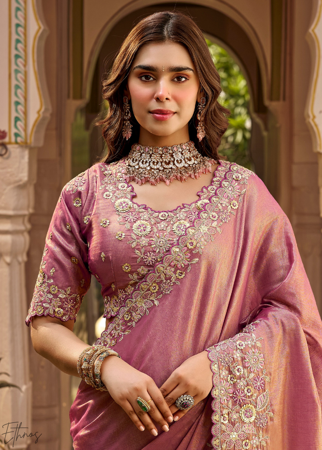 Mauve Pink Scallop Border Embroidered Silk Saree