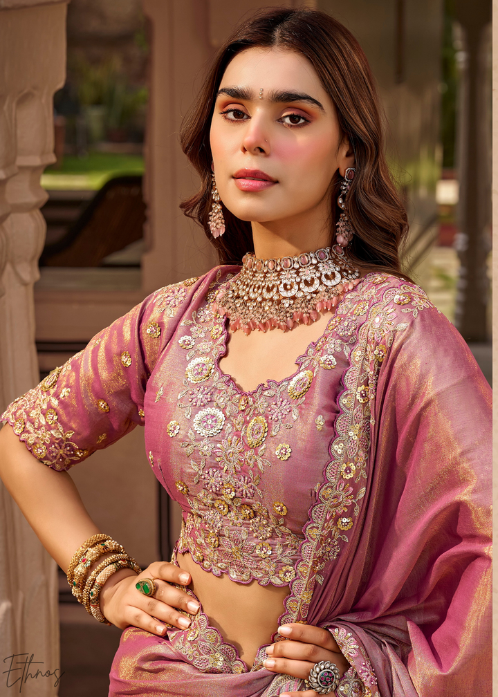 Mauve Pink Scallop Border Embroidered Silk Saree