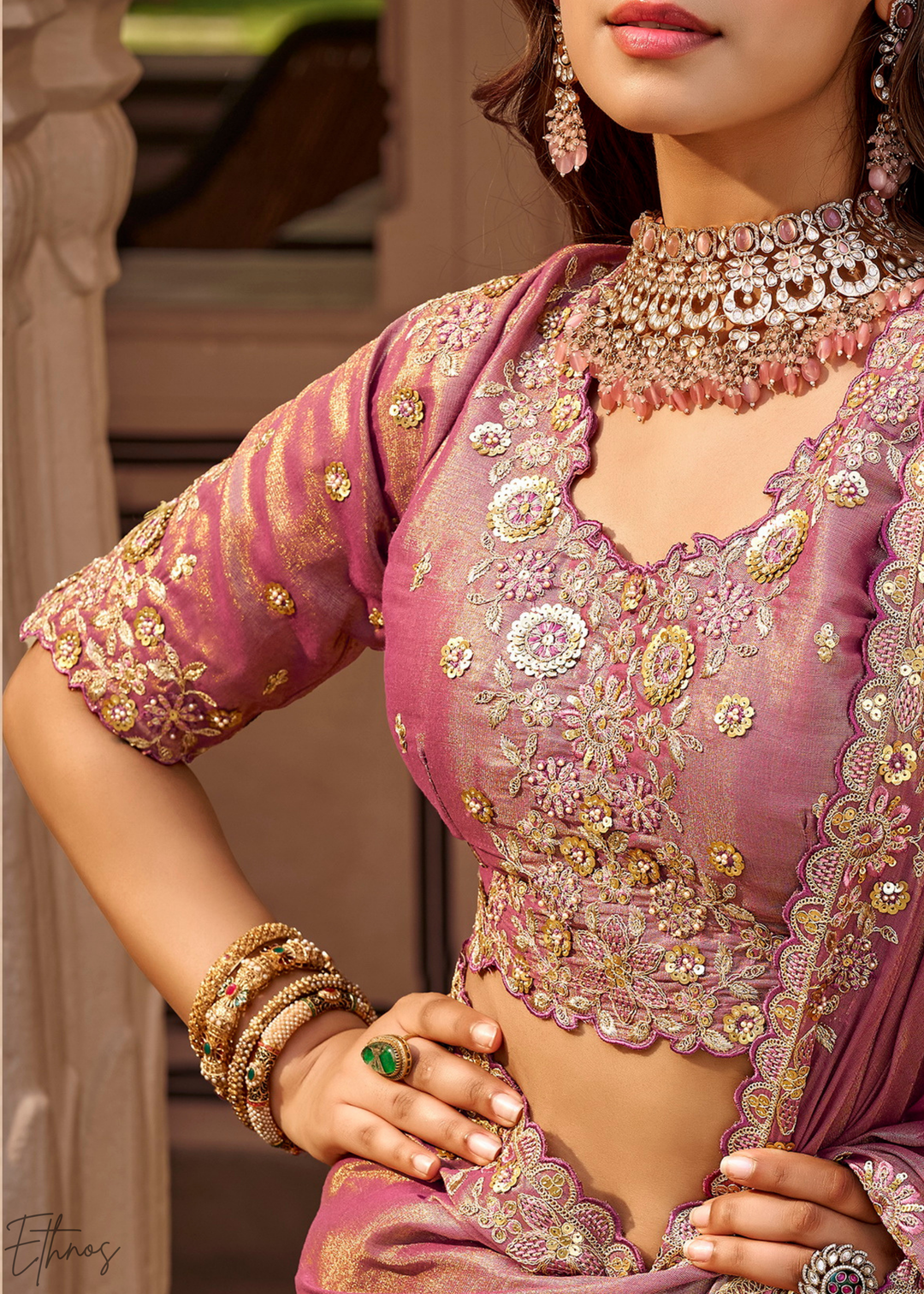 Mauve Pink Scallop Border Embroidered Silk Saree