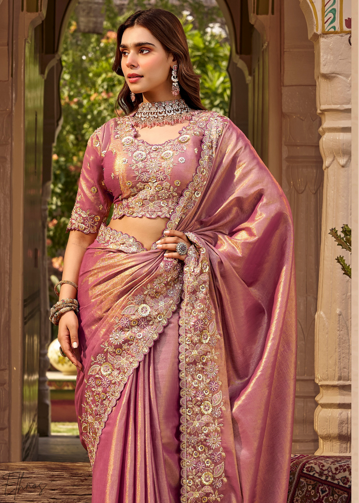 Mauve Pink Scallop Border Embroidered Silk Saree