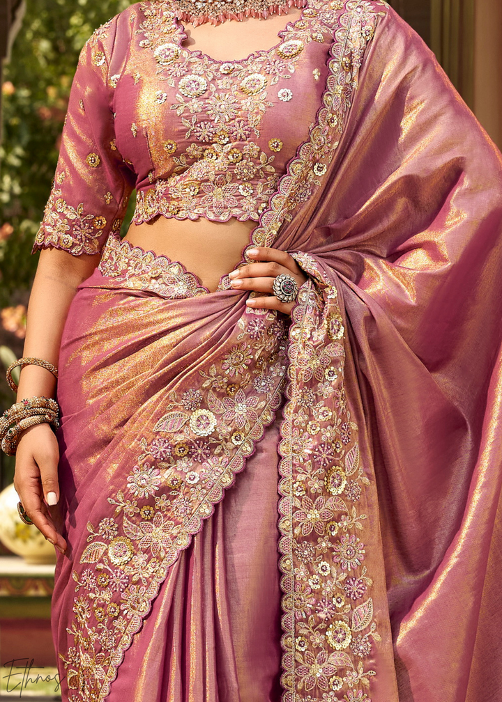 Mauve Pink Scallop Border Embroidered Silk Saree