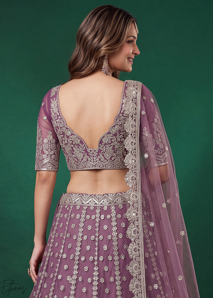 Mauve Purple Heavy Floral Embroidered Net Lehenga