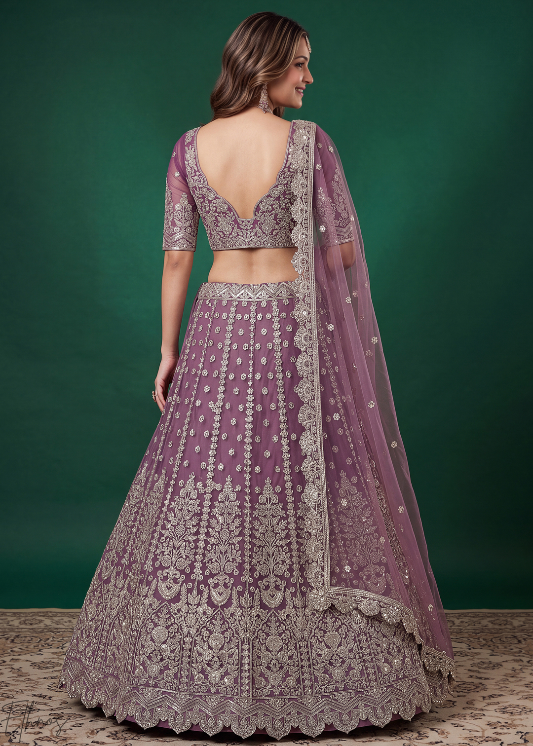 Mauve Purple Heavy Floral Embroidered Net Lehenga