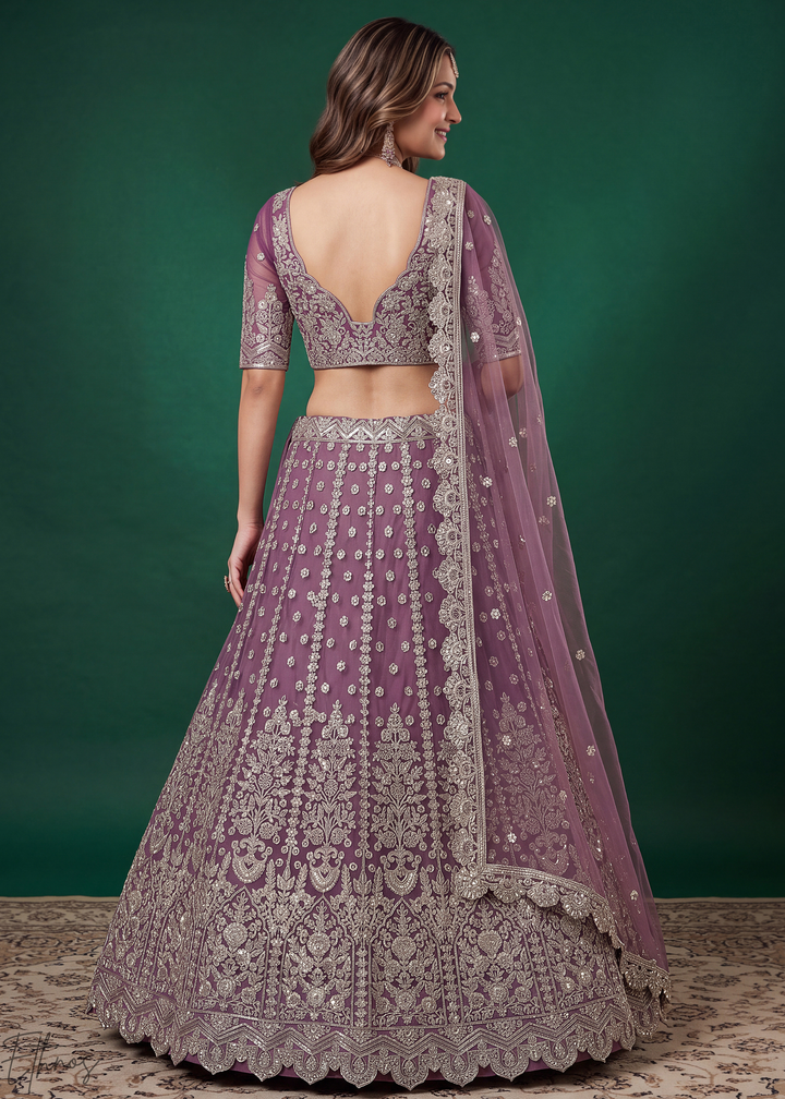 Mauve Purple Heavy Floral Embroidered Net Lehenga