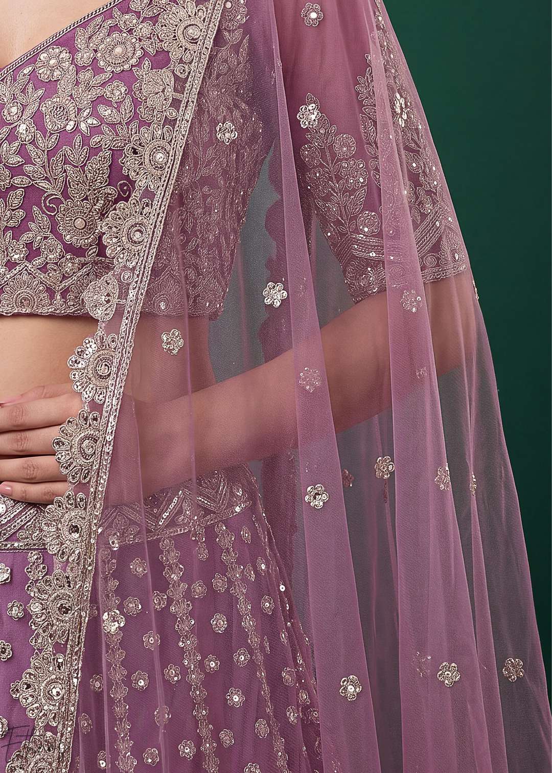 Mauve Purple Heavy Floral Embroidered Net Lehenga