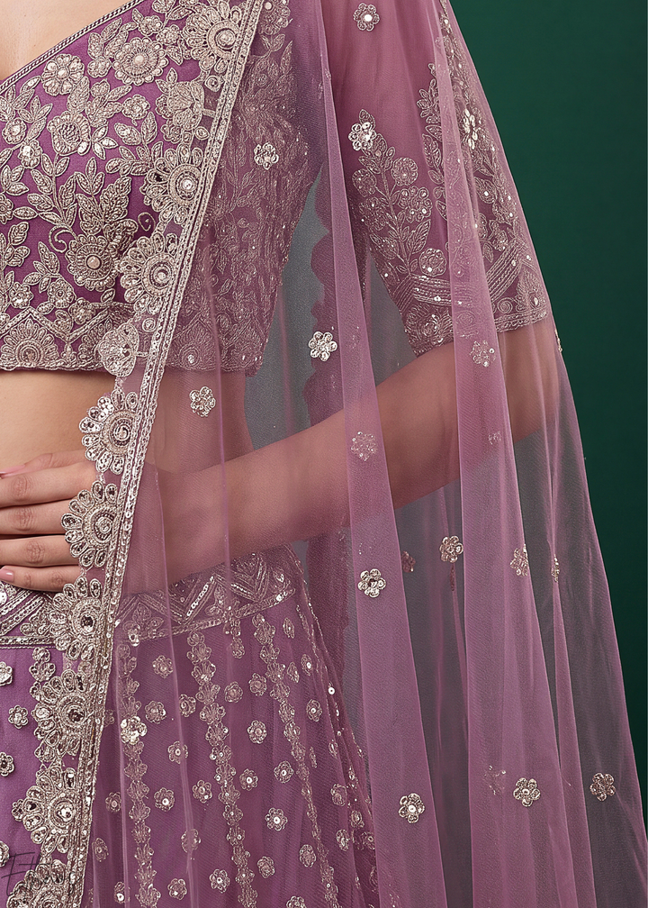Mauve Purple Heavy Floral Embroidered Net Lehenga