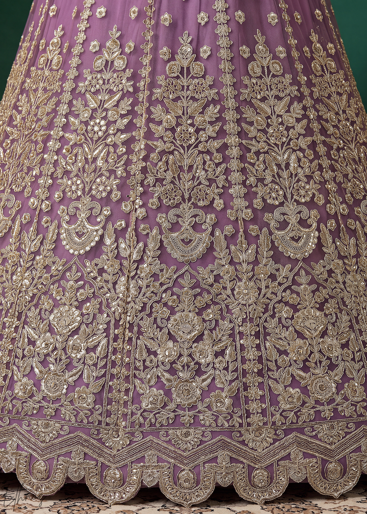 Mauve Purple Heavy Floral Embroidered Net Lehenga