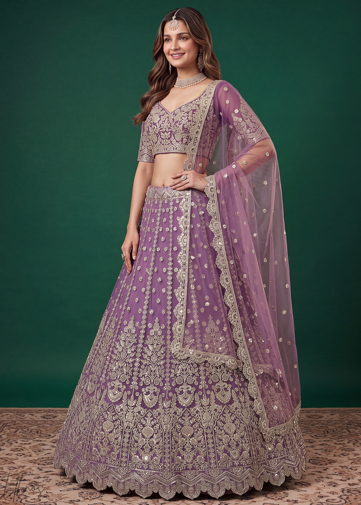 Mauve Purple Heavy Floral Embroidered Net Lehenga