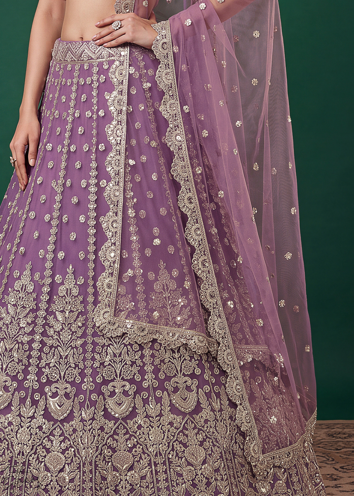Mauve Purple Heavy Floral Embroidered Net Lehenga