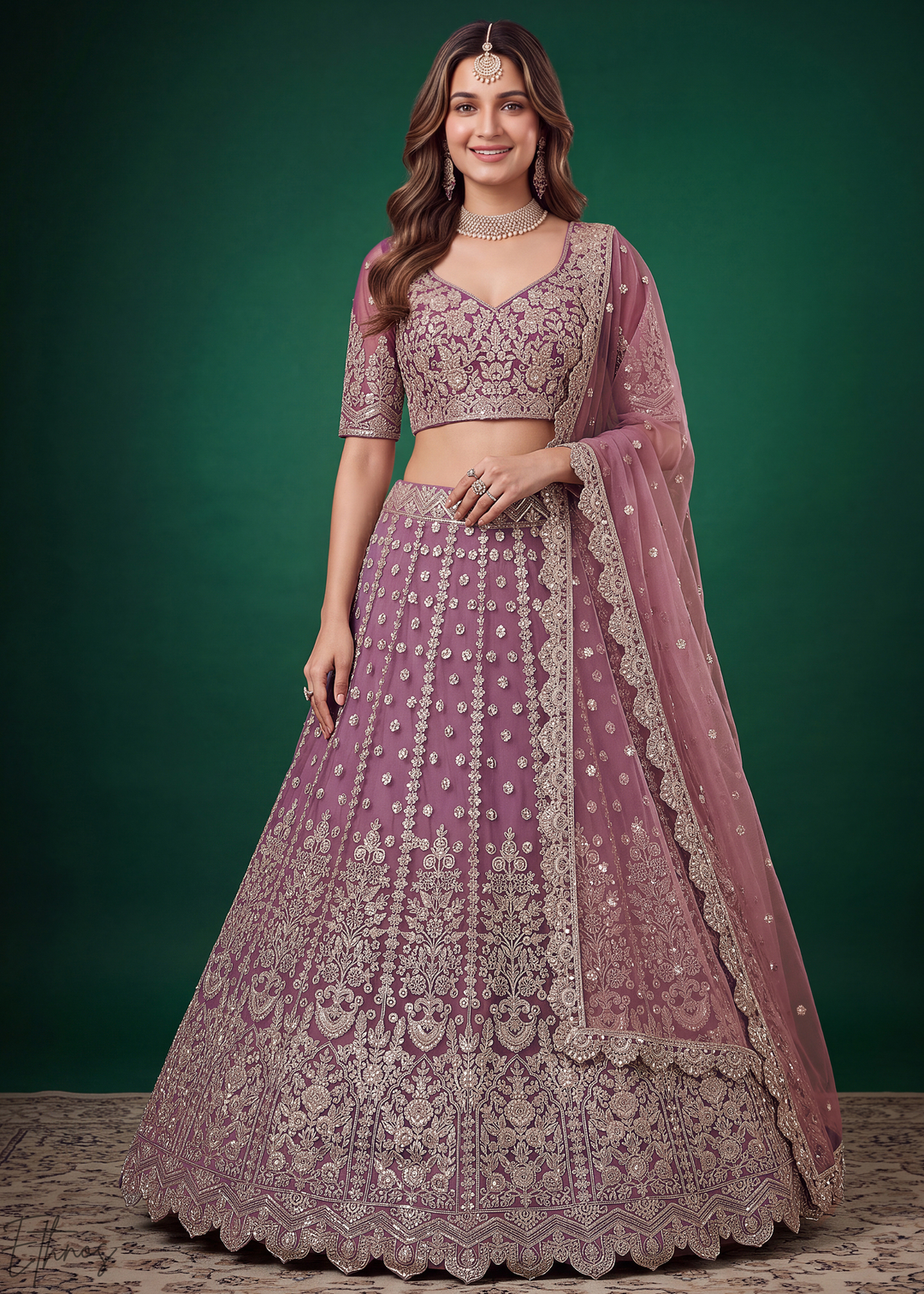 Mauve Purple Heavy Floral Embroidered Net Lehenga