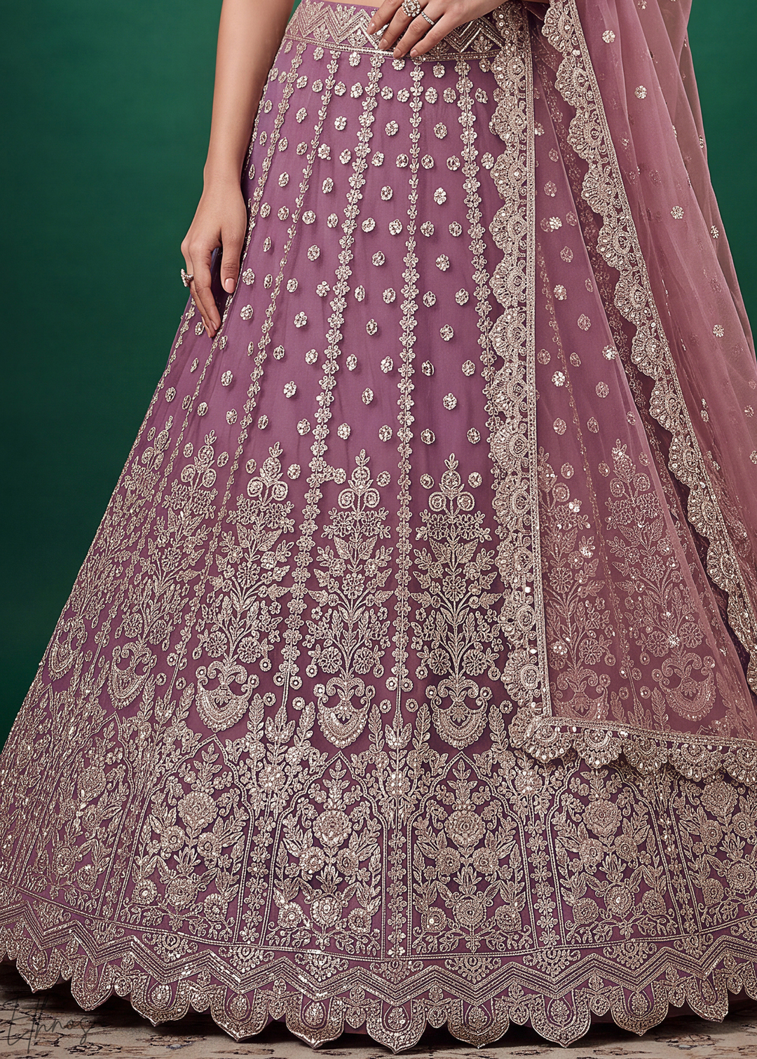 Mauve Purple Heavy Floral Embroidered Net Lehenga