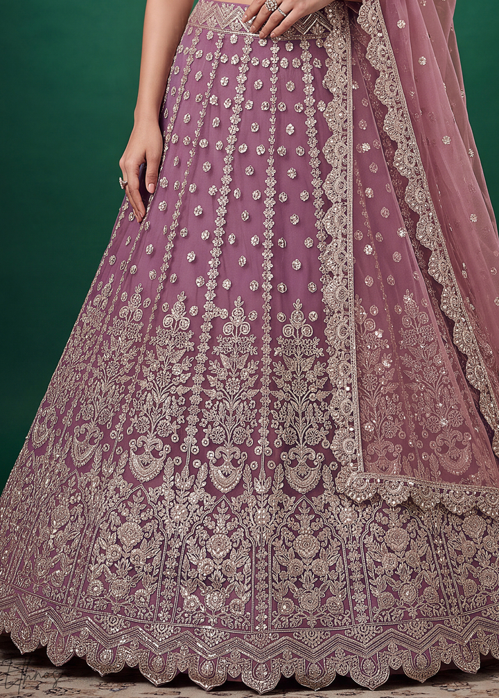 Mauve Purple Heavy Floral Embroidered Net Lehenga