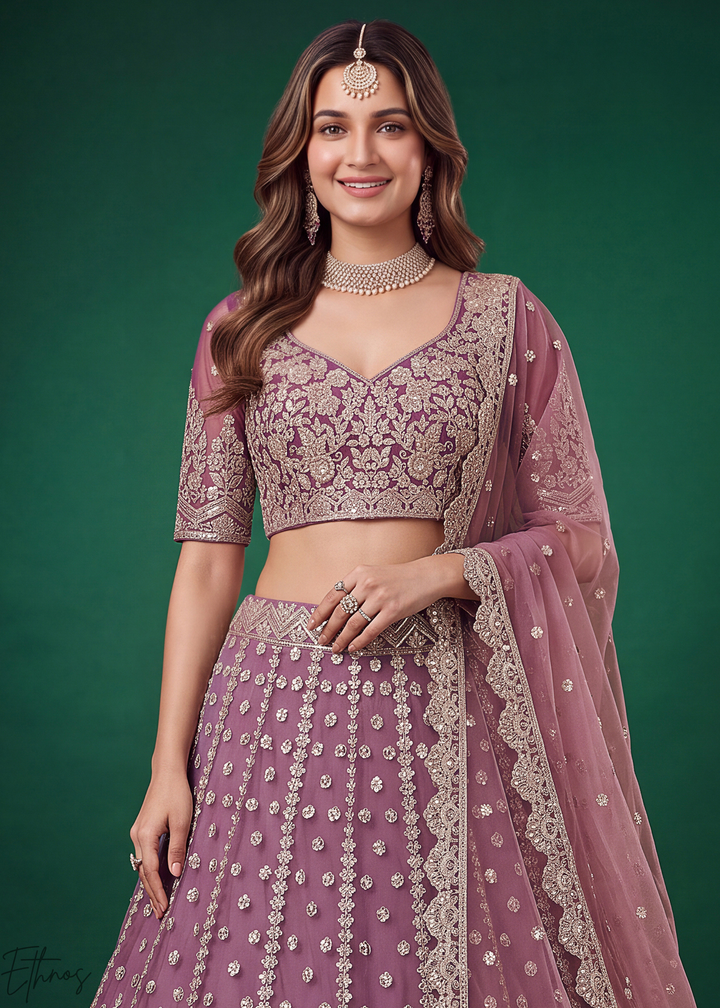 Mauve Purple Heavy Floral Embroidered Net Lehenga