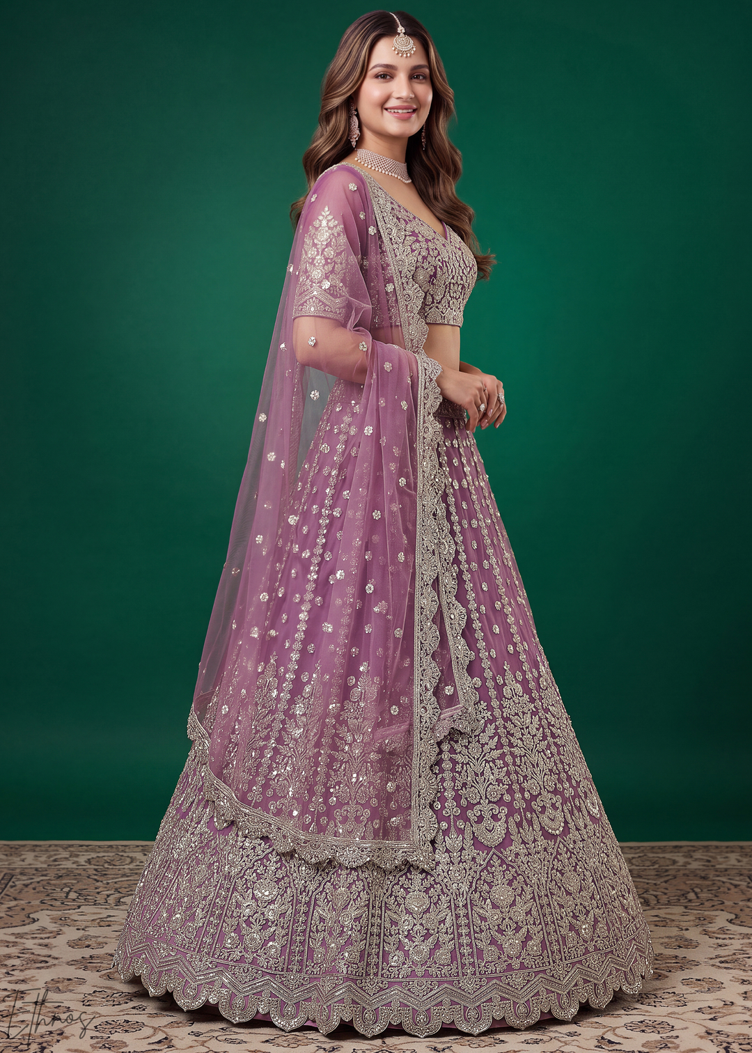Mauve Purple Heavy Floral Embroidered Net Lehenga