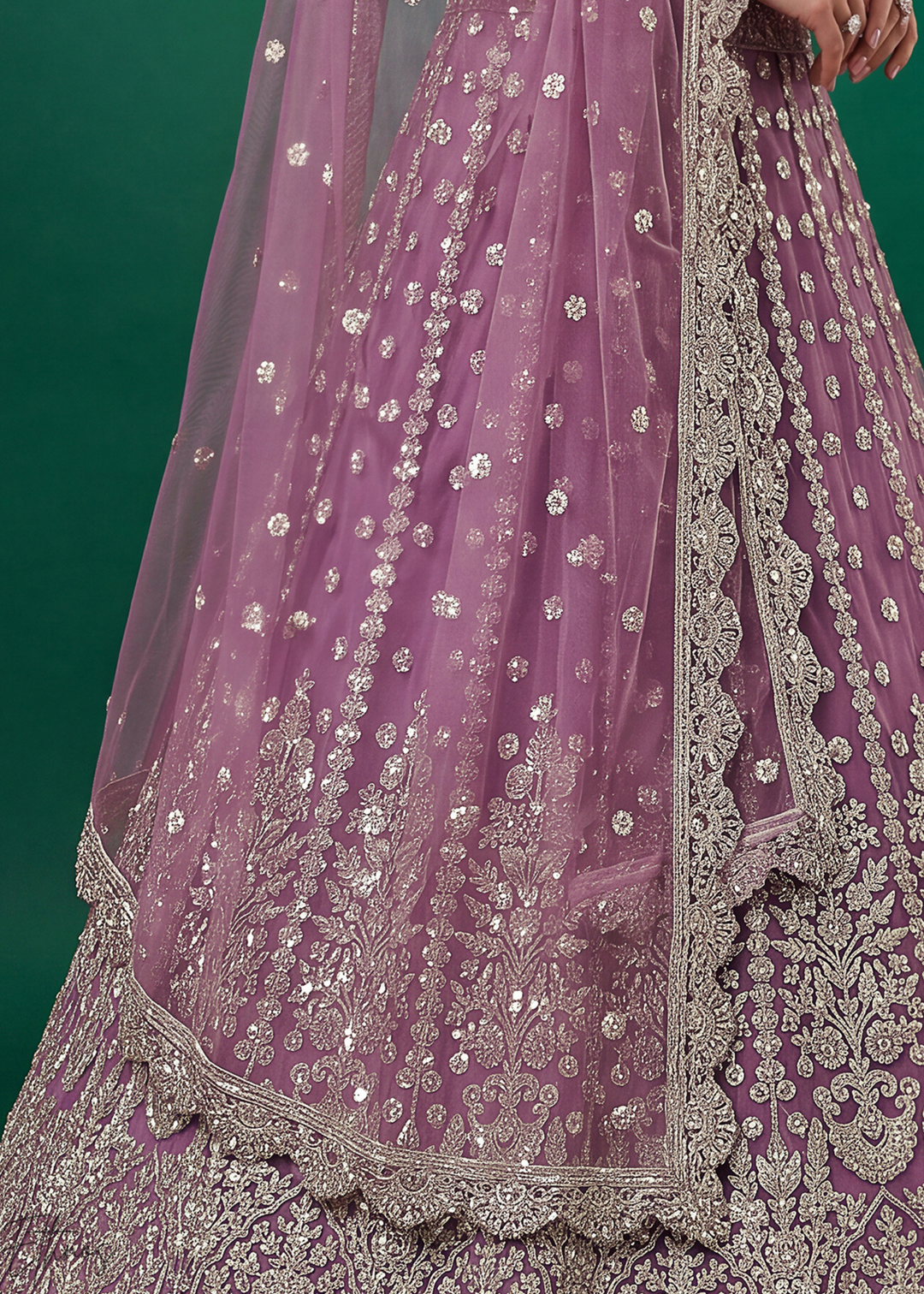 Mauve Purple Heavy Floral Embroidered Net Lehenga