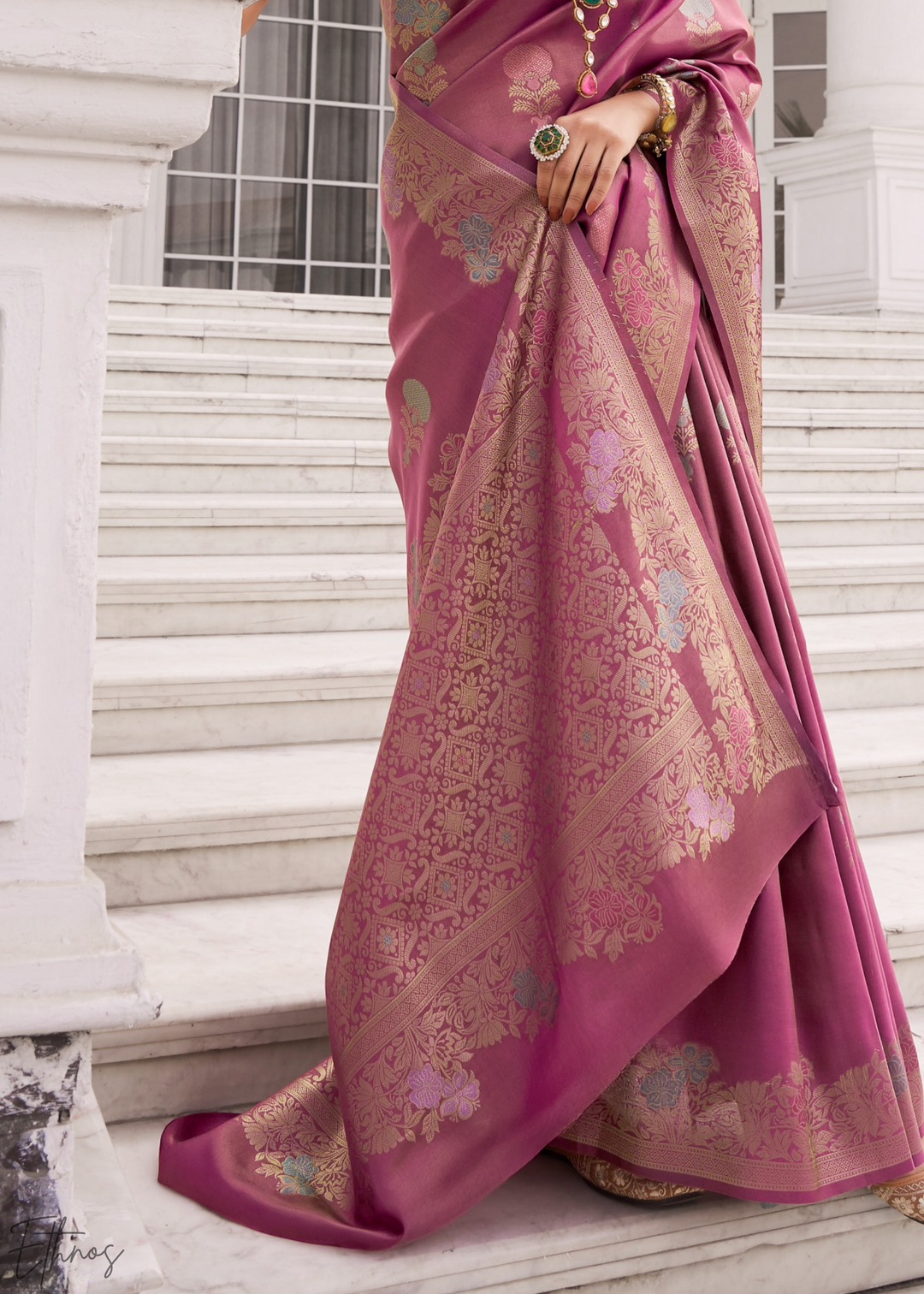 Mauve Rose Damask Kora Silk Saree