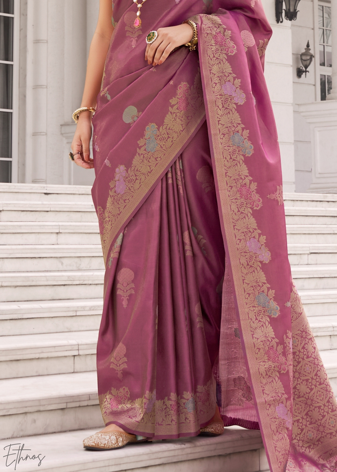 Mauve Rose Damask Kora Silk Saree