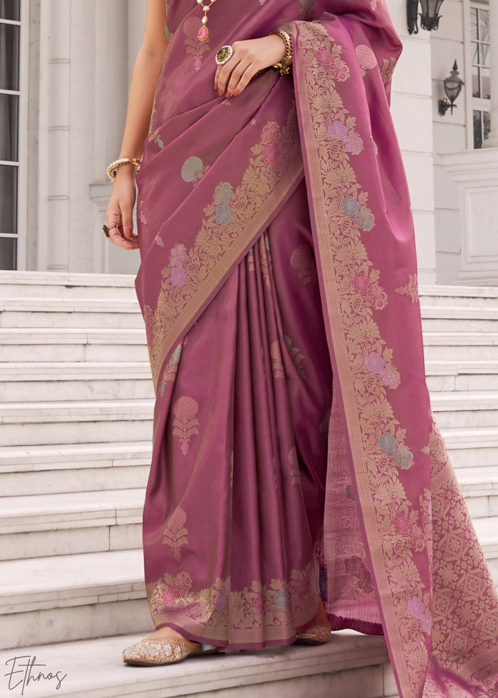 Mauve Rose Damask Kora Silk Saree