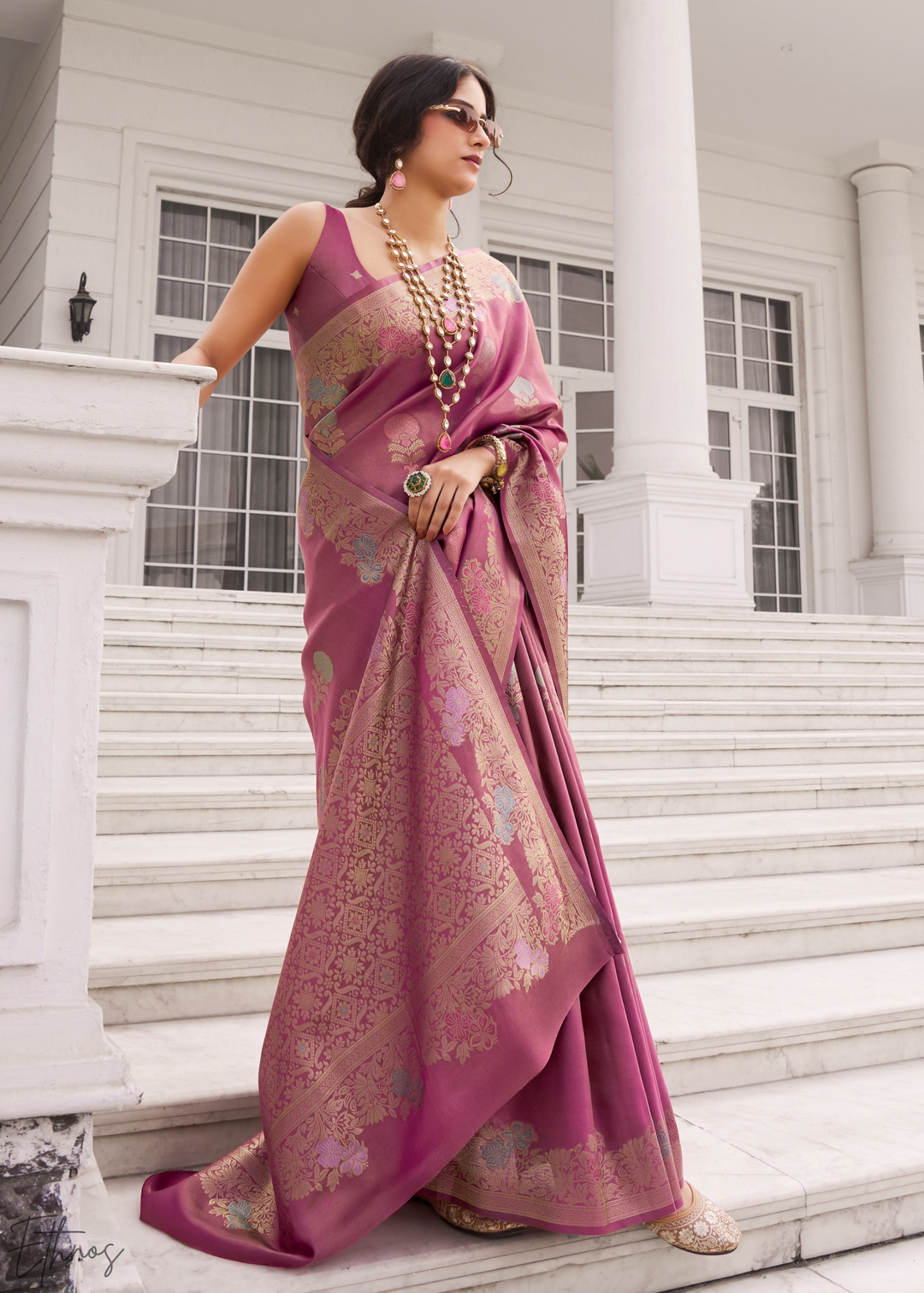 Mauve Rose Damask Kora Silk Saree