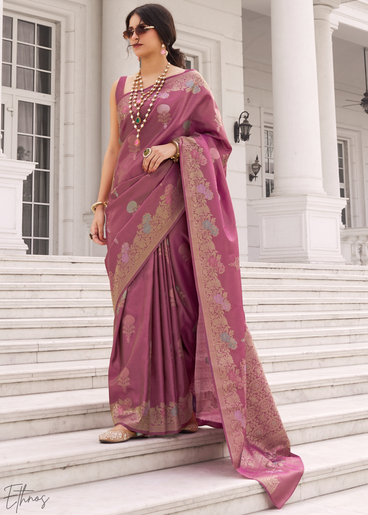 Mauve Rose Damask Kora Silk Saree