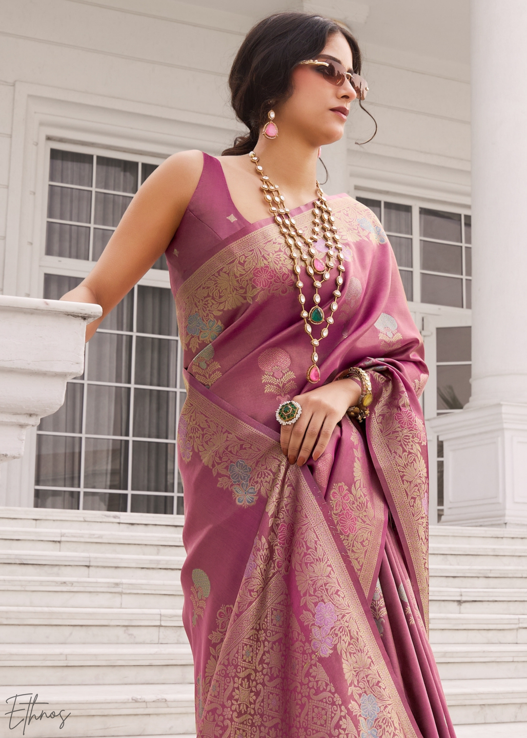 Mauve Rose Damask Kora Silk Saree