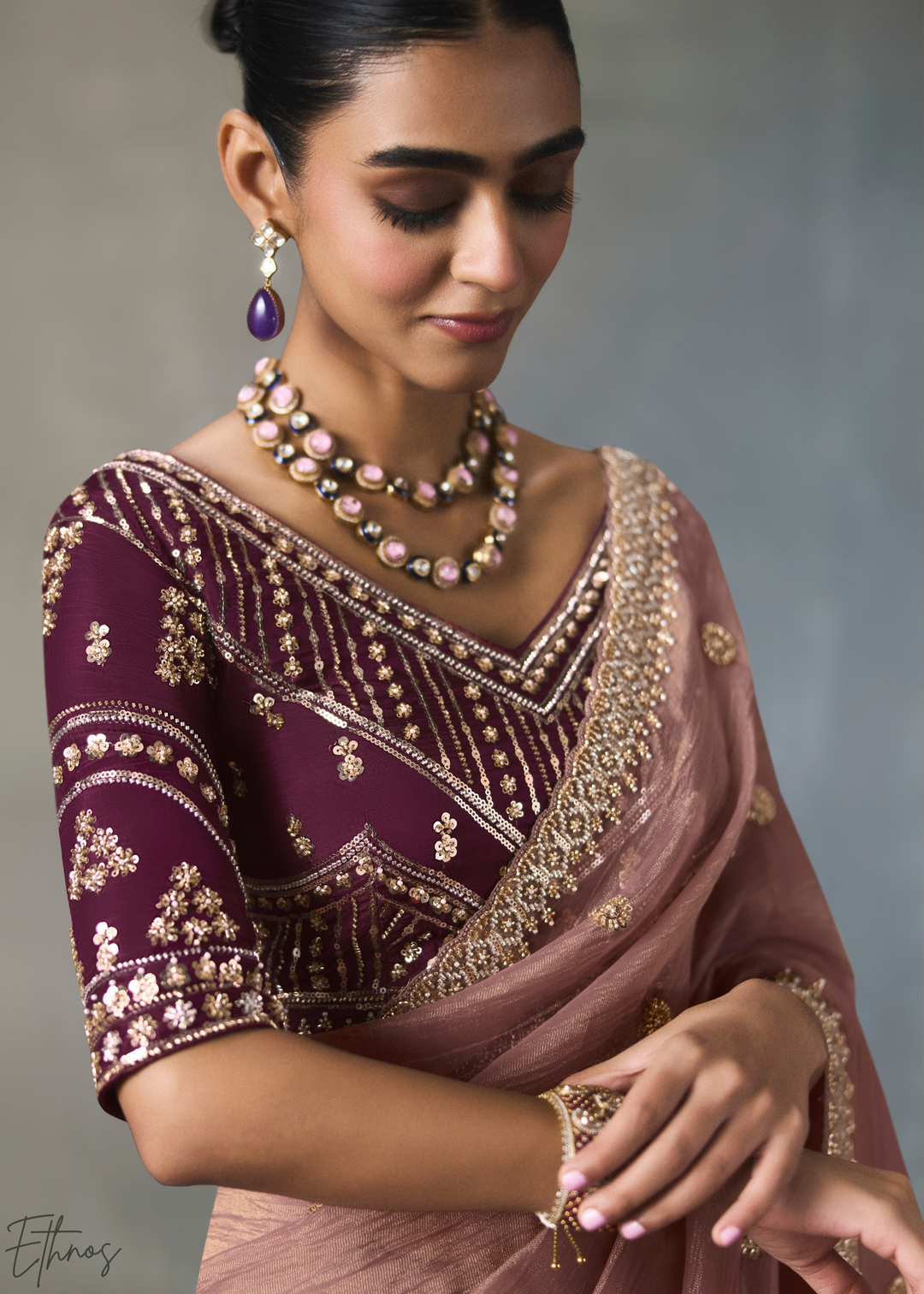 Mauve Floral Scallop Beaded Border Silk Saree