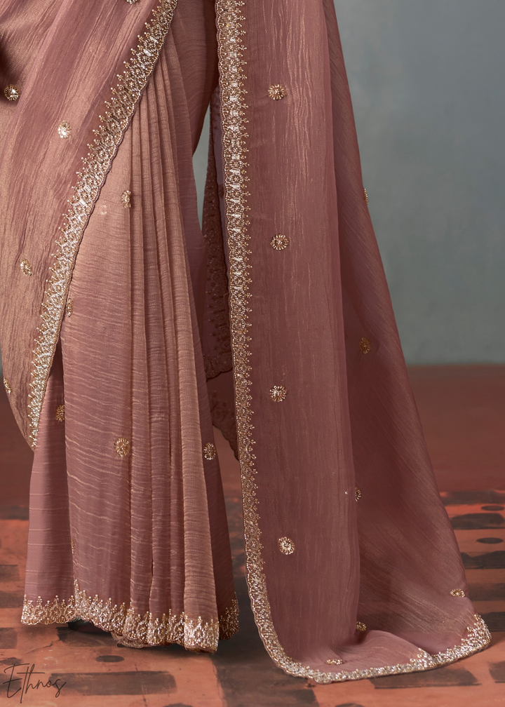 Mauve Floral Scallop Beaded Border Silk Saree