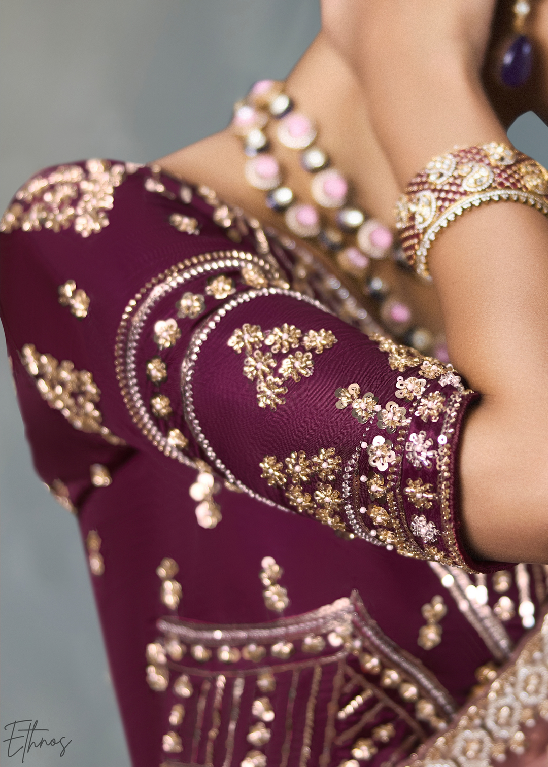 Mauve Floral Scallop Beaded Border Silk Saree