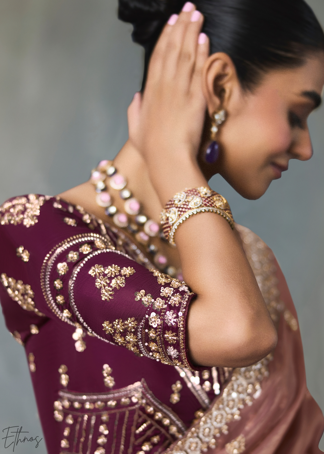 Mauve Floral Scallop Beaded Border Silk Saree