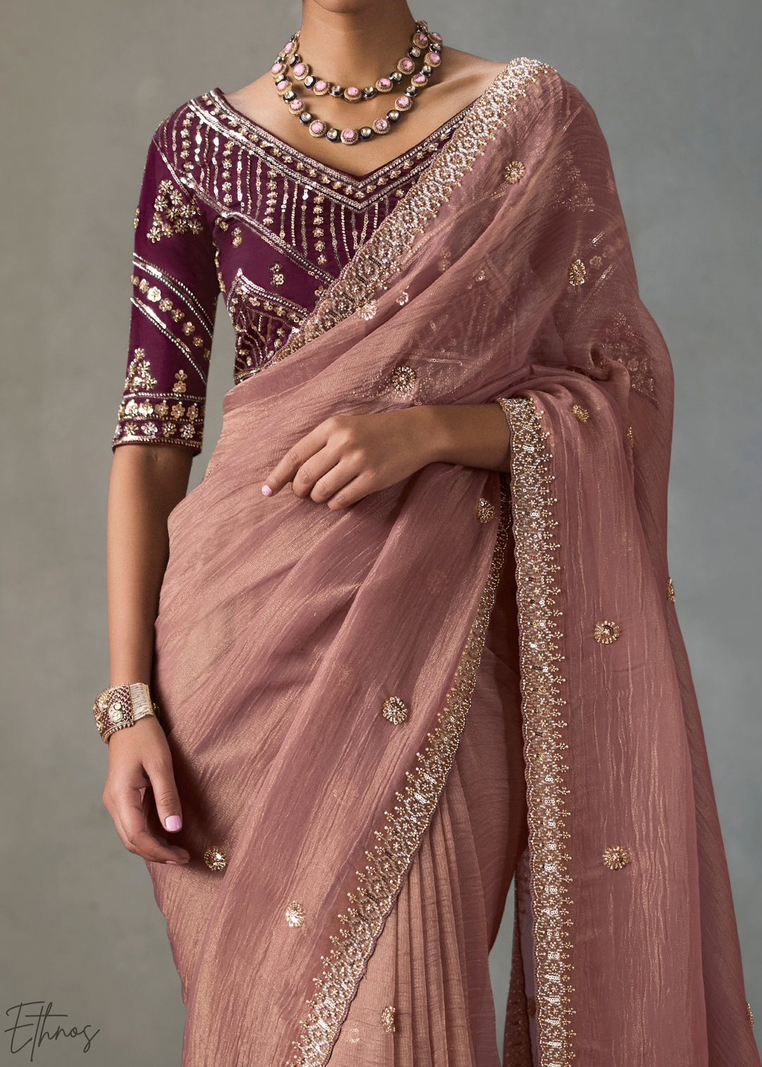 Mauve Floral Scallop Beaded Border Silk Saree