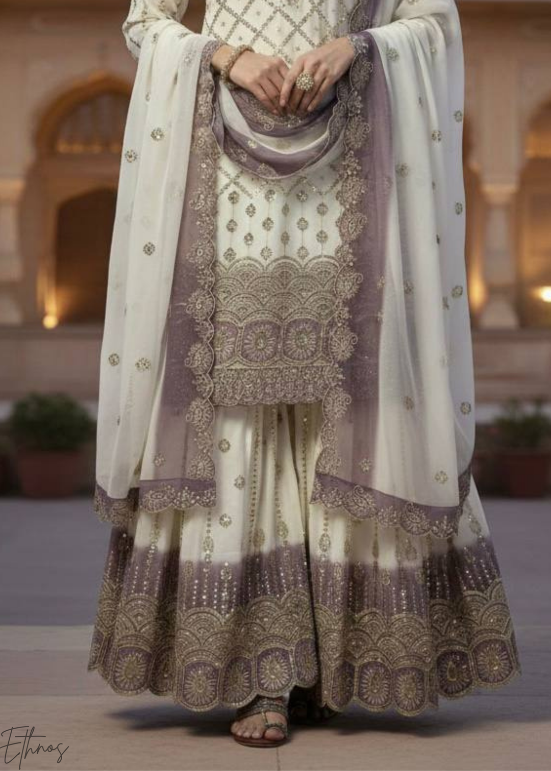 Mauve White Georgette Palazzo Suit