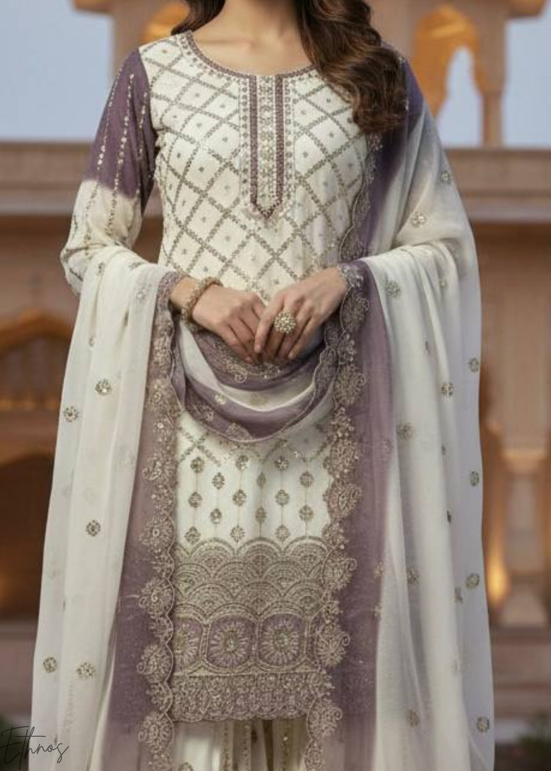 Mauve White Georgette Palazzo Suit