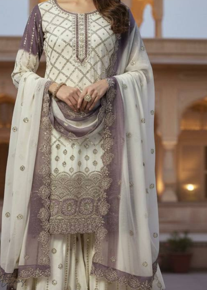 Mauve White Georgette Palazzo Suit